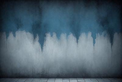 The primary subject of the image is a wall with a blue background. The setting is a room with a tile floor. The visual style is a digital art or illustration, creating a moody atmosphere. The dominant colors are blue and gray, with the blue wall and gray tiles on the floor.
