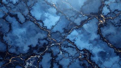 The primary subject of the image is a blue marble wall with a pattern of gold veins. The setting is a room with a blue-tinted wall, which creates a unique and visually striking atmosphere. The visual style of the image is a combination of digital art and illustration, as it features a detailed and intricate design. The dominant colors in the image are blue and gold, with the blue marble wall and gold veins creating a sense of depth and sophistication.