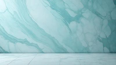 The primary subject of the image is a marble wall with a blue tint. The setting is a room with a blue tiled floor. The visual style is a photo of the marble wall, showcasing its unique texture and color. The dominant colors are blue and white, creating a calm and sophisticated atmosphere.