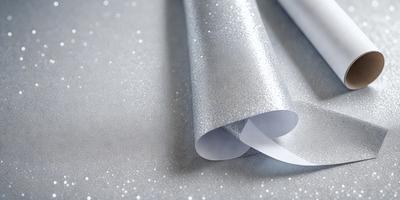 The primary subject of the image is a roll of silver glitter paper. The paper is shiny and reflective, giving it a metallic appearance. The setting is a table, and the visual style is a close-up of the paper. The colors and mood of the image are predominantly silver and reflective, creating a shiny and glittery atmosphere.