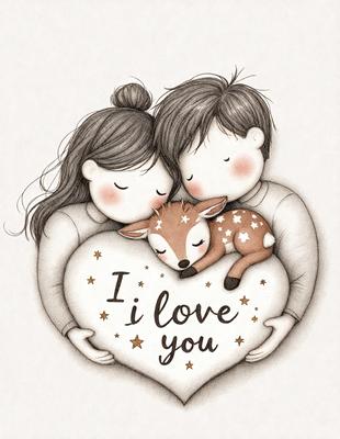 The primary subject of the image is a heart-shaped illustration featuring a woman and a child holding a baby deer. The setting is a white background, and the visual style is a combination of digital art and illustration. The colors are predominantly white and brown, creating a warm and cozy atmosphere.