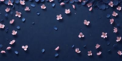The primary subject of the image is a blue background with a pattern of pink flowers scattered across it. The setting appears to be a dark room, possibly a theater or a room with a blue wall. The visual style of the image is a combination of a photo and digital art, creating a unique and artistic representation of the pink flowers. The dominant colors in the image are blue and pink, giving it a calm and serene atmosphere.