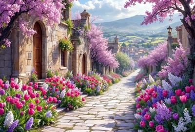Primary subject: A narrow alleyway lined with pink flowers and trees.

Setting/background: The alleyway is located in a small village, surrounded by a lush green hillside.

Visual style: The image is a digital art illustration.

Colors and mood: The alleyway is filled with a vibrant pink color, creating a warm and inviting atmosphere.