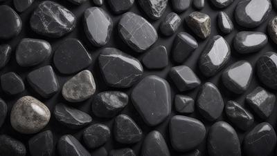 The primary subject of the image is a large collection of black rocks. The setting is a black background, which creates a striking contrast with the rocks. The visual style is a close-up of the rocks, showcasing their unique shapes and textures. The dominant colors are black and white, giving the image a dramatic and moody atmosphere.