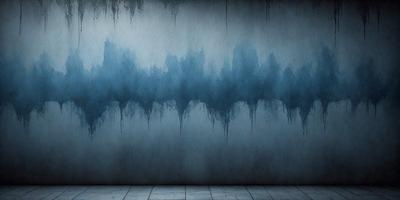 The primary subject of the image is a large blue wall with a painting of a city on it. The setting is a room with a wooden floor. The visual style is a painting, and the dominant colors are blue and gray. The overall atmosphere is artistic and captivating.