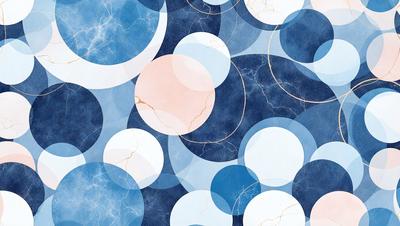 The primary subject of the image is a pattern of circles, which are blue and white in color. The circles are arranged in a visually appealing manner, creating a sense of depth and dimension. The setting is a blue and white background, which complements the circles and adds to the overall visual style. The image appears to be a digital art or illustration, showcasing the artist's skill in creating a cohesive and harmonious design. The dominant colors and overall atmosphere of the image are calming and soothing,