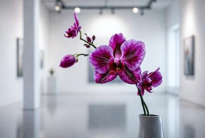 The primary subject of the image is a vase filled with purple orchids. The vase is placed on a table, and the orchids are arranged in a visually appealing manner. The setting is a room with a white wall, which provides a clean and minimalistic backdrop for the orchids. The visual style of the image is a close-up of the vase and the orchids, highlighting their beauty and details. The colors and mood of the image are predominantly purple, creating a serene