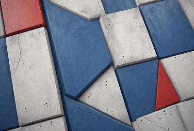 The primary subject of the image is a blue, red, and white brick pattern. The setting is a grey stone surface, which serves as the background. The visual style is a combination of photo and digital art, creating a unique and eye-catching pattern. The dominant colors are blue, red, and white, giving the image a vibrant and lively atmosphere.