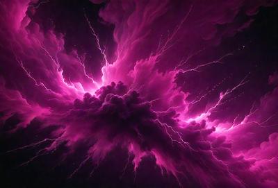 The primary subject of the image is a purple cloud with bright pink lightning bolts. The cloud is surrounded by a dark purple background, creating a dramatic and intense atmosphere. The visual style of the image is a digital art or illustration, with the cloud and lightning bolts appearing as a striking and eye-catching design. The colors and mood of the image are dominated by the purple and pink hues, which evoke a sense of mystery and power.