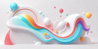 The primary subject of the image is a colorful, abstract artwork featuring a swirling design with various colors and shapes. The setting is a white background, which provides a clean and minimalist appearance. The visual style is a combination of digital art and illustration, creating a vibrant and dynamic piece. The dominant colors are blue, pink, and yellow, which contribute to a lively and cheerful atmosphere.