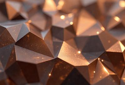 The primary subject of the image is a close-up of a shiny, metallic surface with a pattern of triangles. The setting appears to be a dark room, and the visual style is a combination of a photo and digital art. The colors and mood of the image are predominantly dark, with the shiny surface and triangles creating a sense of depth and intrigue.