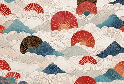The primary subject of the image is a pattern of red and orange suns, which are arranged in a cloud-like formation. The setting is a white and blue background, creating a contrasting and visually appealing scene. The visual style is a combination of digital art and illustration, with the suns appearing as both a design element and a decorative motif. The dominant colors are red, orange, and white, with the blue background adding a sense of depth and tranquility to the overall atmosphere.