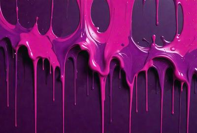 The primary subject of the image is a purple background with a lot of dripping pink paint. The setting appears to be a wall or a canvas, and the visual style is a close-up of the dripping paint. The colors and mood of the image are predominantly purple and pink, creating a vibrant and artistic atmosphere.
