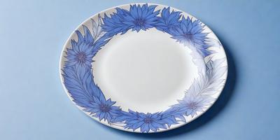 The primary subject of the image is a white plate with a blue flower design. The plate is placed on a blue surface, which adds to the overall mood of the scene. The visual style of the image is a combination of photo and digital art, creating a unique and eye-catching design. The colors and mood of the image are predominantly blue and calm, with the blue flower design serving as the focal point of the plate.