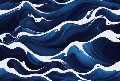 The primary subject of the image is a blue and white ocean wave. The setting is the ocean, with the wave being the main focus of the image. The visual style is a digital art or illustration, as the wave is depicted in a detailed and artistic manner. The dominant colors are blue and white, creating a serene and calming atmosphere.