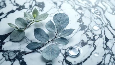The primary subject of the image is a leaf, which is placed on a marble surface. The leaf is green and appears to be a part of a larger plant. The setting is a marble countertop, and the visual style is a close-up of the leaf. The colors in the image are predominantly green, and the overall atmosphere is natural and serene.