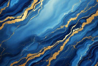 The primary subject of the image is a blue and gold marbled wallpaper with gold stripes. The setting is a room with a blue and gold marbled wallpaper. The visual style is a close-up of the wallpaper, showcasing its intricate design. The colors and mood of the image are vibrant and luxurious, with the blue and gold colors creating a sense of sophistication and elegance.