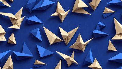 The primary subject of the image is a collection of paper cranes, which are displayed in various shapes and sizes. The setting is a blue background, which provides a contrasting and visually appealing backdrop for the paper cranes. The visual style of the image is a combination of photo and digital art, as the paper cranes are arranged in a visually pleasing manner. The colors and mood of the image are predominantly blue, which adds to the calming and serene atmosphere of the scene.