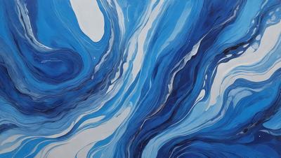 The primary subject of the image is a blue and white painting of a water-like substance, possibly a wave or a flowing body of water. The setting is a white background, which provides a clean and minimalist appearance. The visual style is a painting, which showcases the artist's skill in creating a realistic and captivating representation of the water. The dominant colors are blue and white, which evoke a sense of calmness and tranquility.