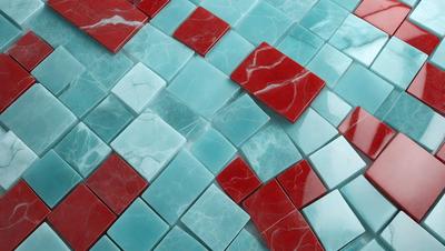The primary subject of the image is a blue and red marble tile pattern. The setting is a blue and white marble tile wall, which serves as the background. The visual style is a combination of digital art and illustration, creating a unique and eye-catching design. The dominant colors are blue and red, giving the pattern a bold and vibrant appearance.