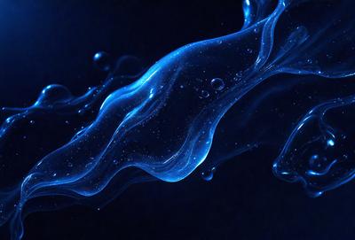 The primary subject of the image is a blue, flowing liquid, possibly water or a blue substance, that is flowing through a dark background. The setting appears to be a nighttime scene, with the blue liquid creating a striking contrast against the dark background. The visual style of the image is a combination of a photo and digital art, as it captures the flowing nature of the blue substance while also showcasing the dark background. The colors and mood of the image are predominantly blue, creating a sense of