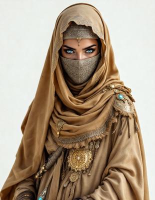 The primary subject of the image is a woman wearing a brown and gold outfit, which includes a headscarf and a long robe. She is standing in front of a white background, which provides a clean and uncluttered backdrop for the scene. The visual style of the image is a combination of photo and digital art, creating a realistic yet artistic representation of the woman. The colors and mood of the image are warm and earthy, with the brown and gold tones of the outfit and the white