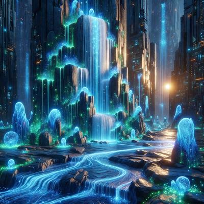 The primary subject of the image is a large, blue, glowing waterfall surrounded by a futuristic cityscape. The setting includes a variety of buildings, some of which are illuminated by blue lights. The visual style of the image is digital art, with the waterfall and cityscape appearing as a seamless, computer-generated composition. The colors and mood of the image are predominantly blue, creating a serene and futuristic atmosphere.
