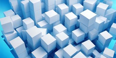 The primary subject of the image is a large number of white cubes, which are arranged in a visually appealing manner. The setting is a blue background, which adds a sense of depth and contrast to the scene. The visual style of the image is a combination of photo and digital art, creating a unique and intriguing pattern. The dominant colors in the image are white and blue, which contribute to a calm and serene atmosphere.