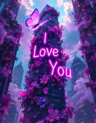 The primary subject of the image is a large, purple heart with the words "I Love You" written on it. The heart is surrounded by a variety of pink flowers, creating a visually appealing and romantic scene. The setting is a cityscape, with a tall building visible in the background. The visual style of the image is a combination of digital art and illustration, giving it a unique and artistic appearance. The dominant colors in the image are purple and pink, creating a warm and loving atmosphere
