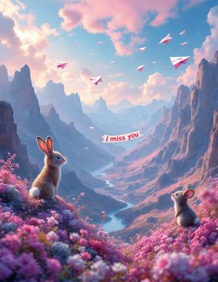 Primary subject: Two bunnies sitting on a hillside.
Setting/background: A beautiful, colorful landscape with mountains, flowers, and kites flying in the sky.
Visual style: Digital art.
Colors and mood: The image is vibrant and full of life, with a sense of joy and playfulness.