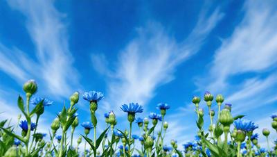 The primary subject of the image is a field of blue flowers, with a blue sky serving as the backdrop. The visual style of the image is a photo, capturing the beauty of the flowers and the sky. The colors and mood of the image are predominantly blue, creating a serene and peaceful atmosphere.