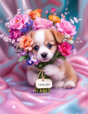 The primary subject of the image is a small puppy dog wearing a flower crown and holding a bouquet of flowers. The setting is a pink background, which adds a warm and cheerful atmosphere to the scene. The visual style is a photo, capturing the adorable puppy in a playful and heartwarming moment. The colors and mood are predominantly pink, creating a sense of innocence and joy.