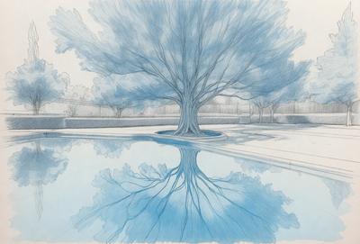 The primary subject of the image is a large tree with a blue reflection in the water. The tree is surrounded by a fence, and the scene appears to be a park or a similar outdoor setting. The visual style of the image is a combination of drawing and watercolor, giving it a unique and artistic appearance. The colors and mood of the image are predominantly blue, creating a serene and peaceful atmosphere.