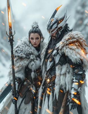 The primary subject of the image is a man and a woman standing together in a snowy environment. The man is wearing a metal armor and holding a sword, while the woman is dressed in a white and grey outfit. The setting appears to be a winter landscape, with snow covering the ground. The visual style of the image is a combination of photo and digital art, creating a unique and captivating scene. The colors and mood of the image are predominantly cold and dark, with the snow and metal armor adding