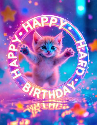 The primary subject of the image is a cute kitten. The setting is a purple background, which adds a unique and playful touch to the scene. The visual style is a combination of photo and digital art, creating a whimsical and eye-catching image. The colors and mood are predominantly purple, which gives the image a warm and inviting atmosphere.