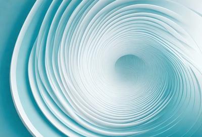 The primary subject of the image is a spiral, which is a large, curved structure. The spiral is blue and white, and it appears to be a part of a larger, circular structure. The setting is a blue background, which complements the spiral's colors. The visual style of the image is a combination of photo and digital art, creating a unique and intriguing design. The colors and mood of the image are predominantly blue and white, giving it a calm and serene atmosphere.