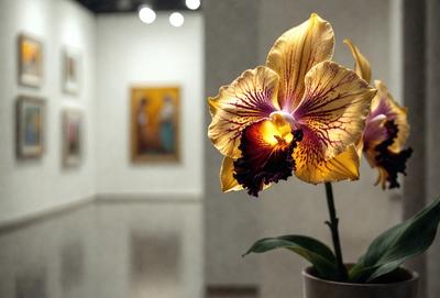 The primary subject of the image is a large, beautifully colored flower, which is the main focus of the image. The setting is a room with a white wall, and the visual style appears to be a photo. The dominant colors in the image are yellow and purple, creating a warm and vibrant atmosphere.