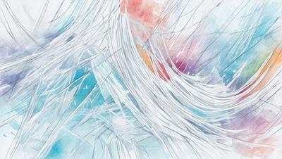 The primary subject of the image is a close-up of a person's hair, which appears to be white and has a flowing, wavy texture. The setting is a colorful background, with a mix of blue, orange, and purple hues. The visual style is a combination of digital art and illustration, creating a unique and artistic representation of the person's hair. The overall atmosphere is vibrant and lively, with the colors and patterns adding a sense of movement and energy to the scene.