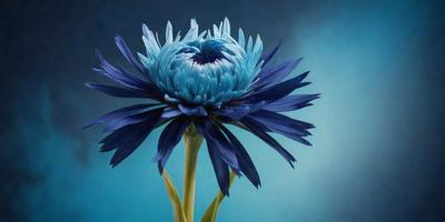 The primary subject of the image is a large blue flower with a yellow center, sitting on a blue background. The visual style of the image is a photo, and the dominant colors are blue and yellow. The overall atmosphere of the image is serene and calming.