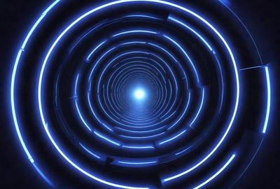 The primary subject of the image is a tunnel-like structure with a blue light illuminating it. The setting is a dark, enclosed space, and the visual style appears to be a digital art or illustration. The dominant colors are blue and black, creating a moody and mysterious atmosphere.