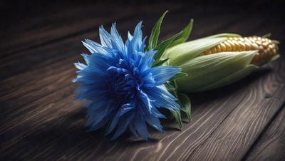 The primary subject of the image is a blue flower, which is the main focus of the scene. The setting is a wooden table, and the visual style appears to be a photo. The dominant colors in the image are blue and green, creating a calm and serene atmosphere.