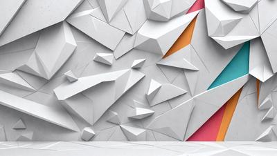 The primary subject of the image is a large, intricate, and colorful wall made of white and grey blocks. The setting is a room with a colorful backdrop, which adds to the visual style of the image. The overall atmosphere is vibrant and artistic, with the combination of the white and grey blocks and the colorful backdrop creating a unique and eye-catching design.
