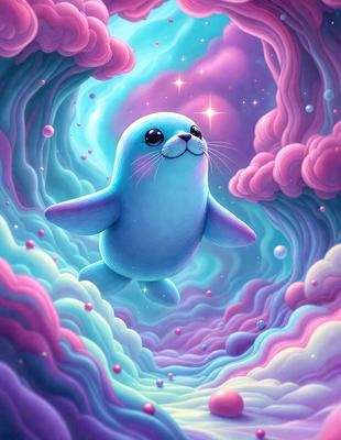The primary subject of the image is a blue penguin. The setting is a colorful, swirling, and cloudy background, which creates a vibrant and lively atmosphere. The visual style is a digital art or illustration, showcasing the penguin in a whimsical and imaginative manner. The colors and mood of the image are predominantly blue and pink, giving it a playful and cheerful appearance.