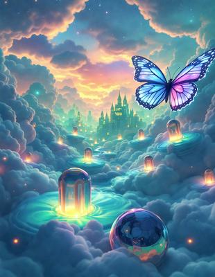 The primary subject of the image is a butterfly flying through a cloudy sky. The setting is a magical, whimsical world with a castle in the background. The visual style is a digital art or illustration, creating a surreal and dreamy atmosphere. The colors are predominantly purple and blue, giving the scene a serene and enchanting mood.