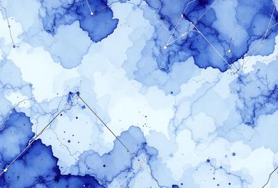 The primary subject of the image is a blue and white painting featuring a cloudy sky. The setting is a blue background, and the visual style appears to be a digital art or illustration. The dominant colors are blue and white, creating a calm and serene atmosphere.