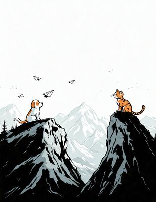 The primary subject of the image is a dog and a cat sitting on opposite sides of a mountain. The dog is on the left side of the mountain, while the cat is on the right side. The setting is a mountainous landscape, with the dog and cat being the main focus of the scene. The visual style is a black and white illustration, giving the image a classic and timeless appearance. The dominant colors are black and white, with the mountain and the sky providing a contrasting backdrop. The overall atmosphere of the image is