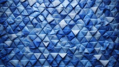 The primary subject of the image is a blue fabric with a pattern of white triangles. The setting is a blue background, and the visual style appears to be a digital art or illustration. The dominant colors are blue and white, creating a calm and soothing atmosphere.