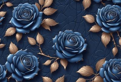 The primary subject of the image is a close-up of a blue rose. The setting is a blue background with a patterned surface. The visual style is a digital art or illustration, creating a vibrant and detailed image. The dominant colors are blue and gold, giving the image a rich and elegant appearance.