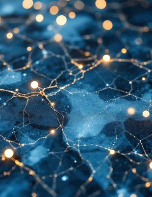 The primary subject of the image is a blue background with a pattern of yellow stars. The setting appears to be a night sky, and the visual style is a combination of digital art and illustration. The dominant colors are blue and yellow, creating a serene and calming atmosphere.