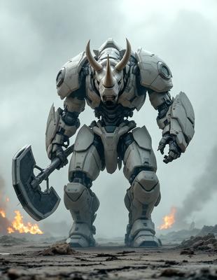 The primary subject of the image is a robot with a large horn on its head, holding a large hammer. The robot is standing on a dirt ground, which serves as the setting for the scene. The visual style of the image is a combination of photo and digital art, creating a unique and intriguing appearance. The dominant colors in the image are gray and white, giving the robot a futuristic and industrial feel. The overall atmosphere of the image is one of strength and power, as the robot appears to be a formid